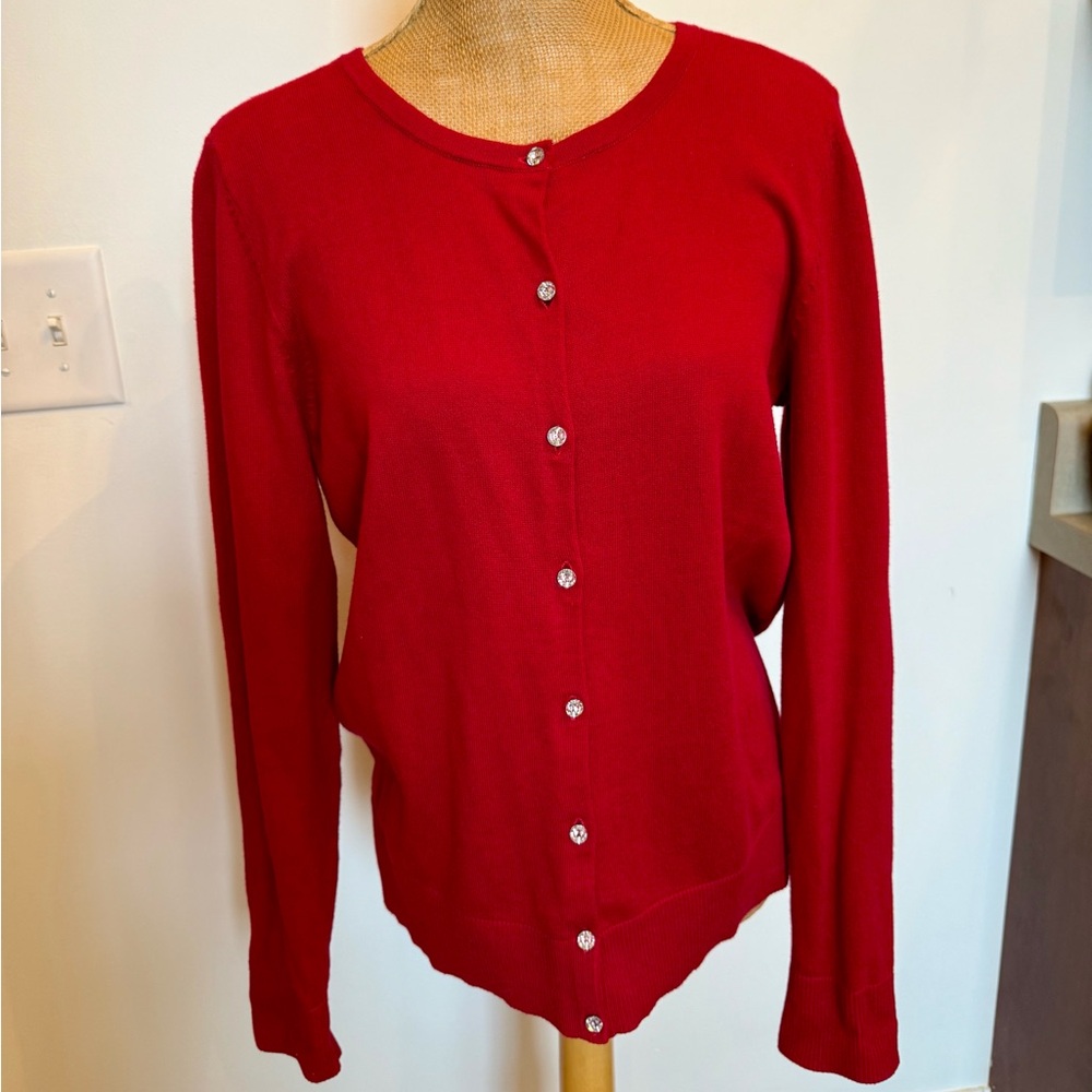 LOFT Holiday Red Rhinestone Button-Up Cardigan Sweater Medium